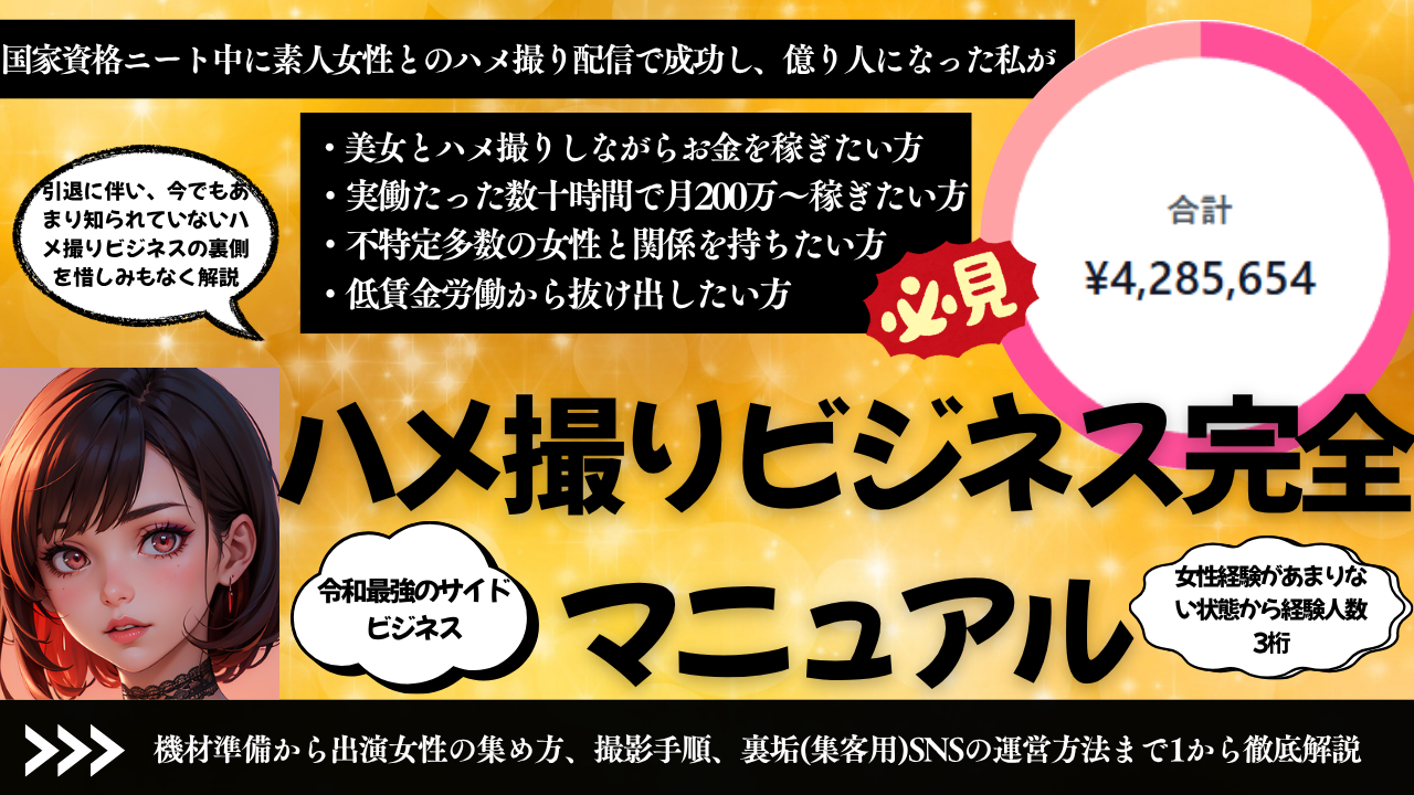 【34大特典付】赤坂さんの【アダルト配信で億り人になった私が送る】ハメ撮りビジネス完全マニュアル【まだ一部の人しか知らないニッチビジネスを引退に伴い完全解説】評判口コミ感想レビュー｜深夜マーケット