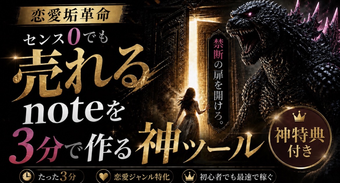 【35大特典付】AIゴジラさんの【恋愛垢革命】たった3分で売れるnoteを爆誕させる神ツール評判口コミ感想レビュー｜深夜マーケット